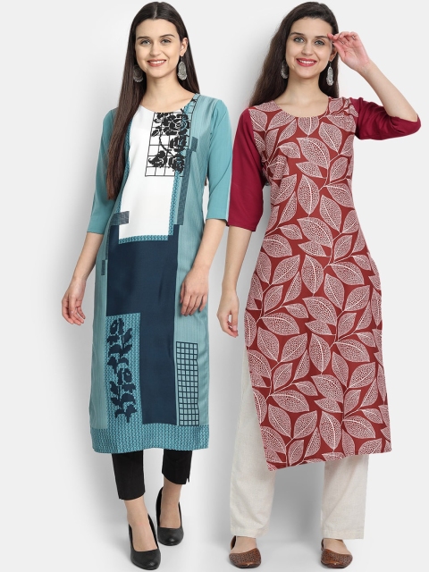 

KALINI Women Pack Of 2 Blue & Maroon Floral Printed Straight Kurta