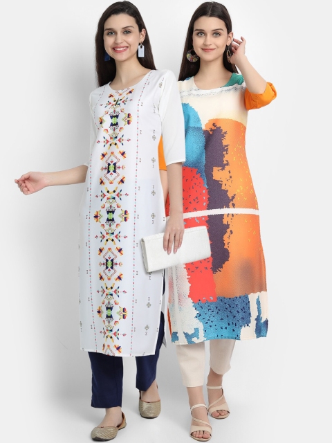 KALINI Women White & Orange Pack Of 2 Digital Print Straight Kurta
