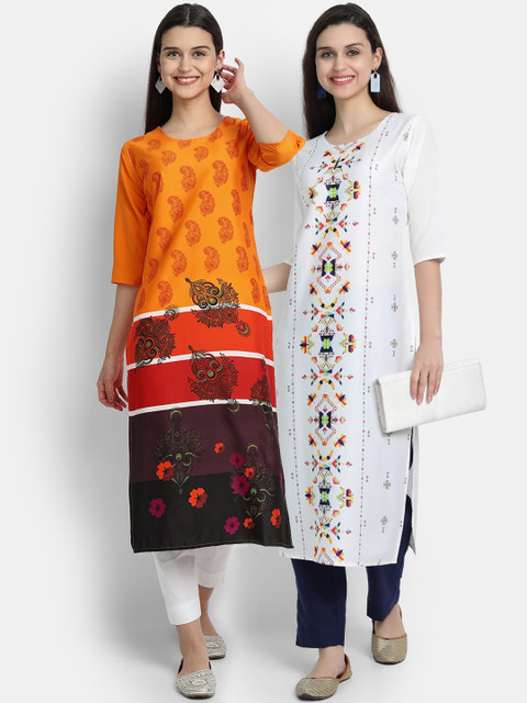 

KALINI Women Pack of 2 Yellow & White Printed Crepe Kurta
