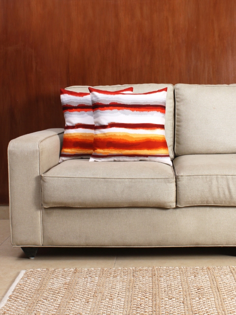 

House This White & Orange Set of 2 Striped 16" x 16" Square Cushion Covers
