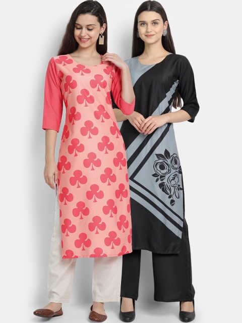 

KALINI Women Pack of 2 Peach-Coloured & Black Floral Printed Floral Crepe Straight Kurta