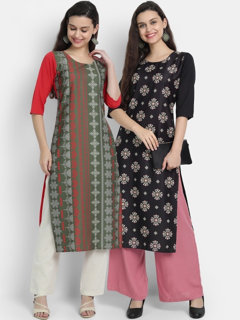 

KALINI Women Pack of 2 Ethnic Motifs Floral Crepe Kurta, Red