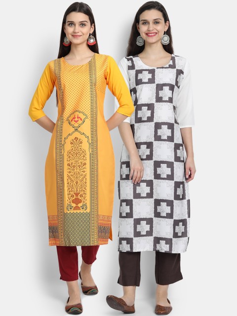 

KALINI Women Multicoloured Geometric Checked Flared Sleeves Gotta Patti Floral Crepe Kurta, Multi