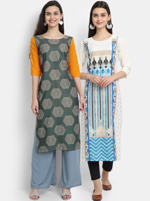 

KALINI Women Multicoloured Ethnic Motifs Printed Thread Work Floral Crepe Kurta, Multi