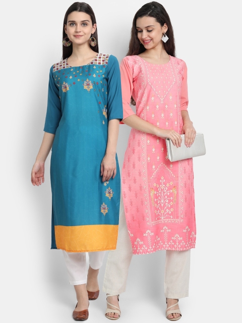 

KALINI Women Pack of 2 Blue & Pink Ethnic Motifs Printed Kurta