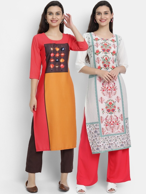 

KALINI Women Pack of 2 White & Red Ethnic Motifs Printed Crepe Kurta