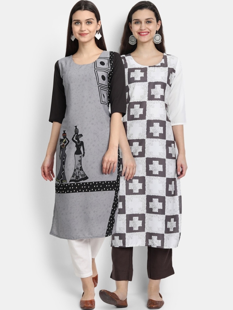 

KALINI Women Pack Of 2 Multicoloured Floral Printed Thread Work Crepe Kurta, Multi