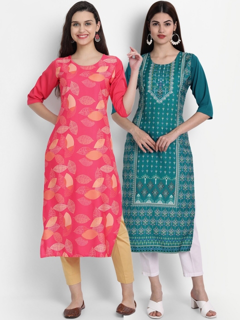 

KALINI Women Teal & Red Set of 2 Ethnic Motifs Printed Crepe Kurta