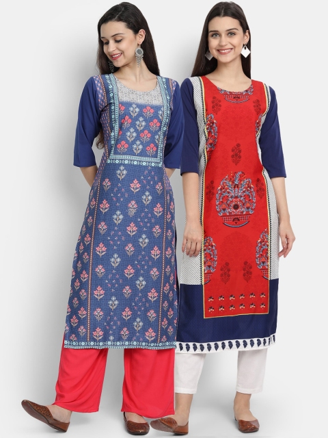 

KALINI Women Pack Of 2 Multicoloured Ethnic Motifs Printed Crepe Kurtas, Multi