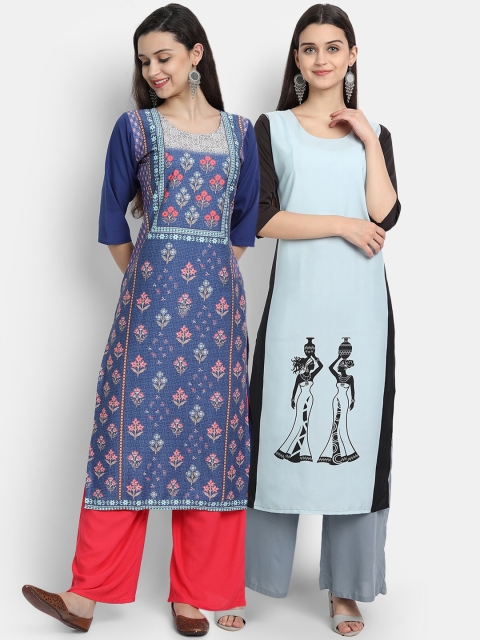 KALINI Women Pack of 2 Blue & Pink Ethnic Motifs Printed Crepe Straight Kurta