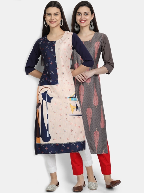 

KALINI Women Pack of 2 Peach-Coloured & Blue Quirky Printed Crepe Straihght Kurta