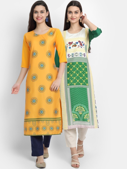 

KALINI Women Pack of 2 Bandhani Embroidered Mirror Work Floral Crepe Kurta, Multi