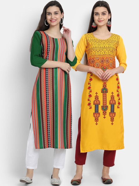 

KALINI Women Pack of 2 Green & Yellow Geometric Printed Crepe Straight Kurta