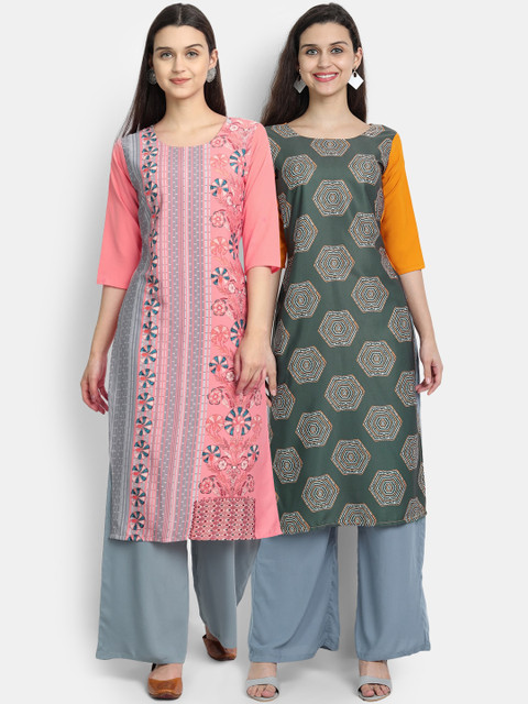 

KALINI Women Pack of 2 Ethnic Motifs Printed Crepe Kurta, Multi