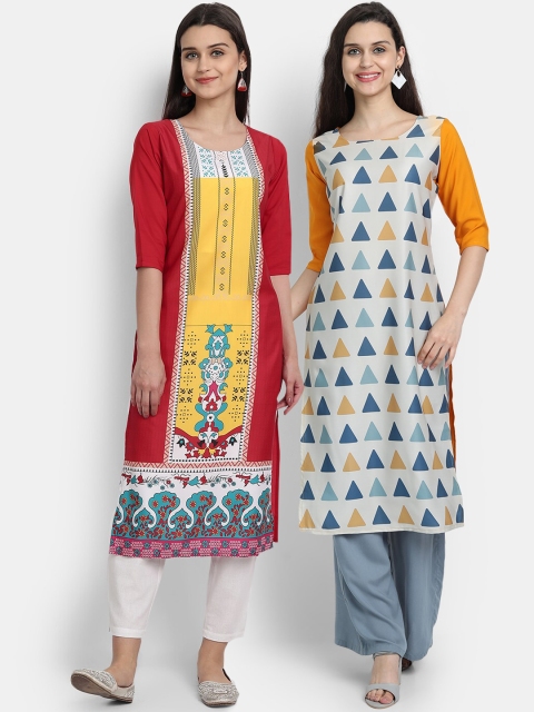 

KALINI Women Pack Of 2 Geometric Printed Crepe Kurta, Yellow