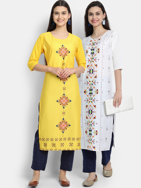 

KALINI Women Pack of 2 Yellow & White Geometric Printed Kurta