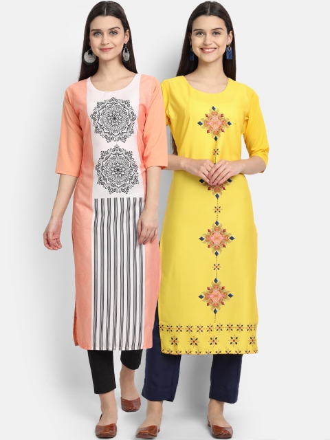 

KALINI Women Pack Of 2 Multicoloured Ethnic Motifs Printed Crepe Kurtas, Multi