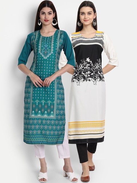 

KALINI Women Multicoloured Ethnic Motifs Printed Cold-Shoulder Sleeves Floral Crepe Kurta, Multi