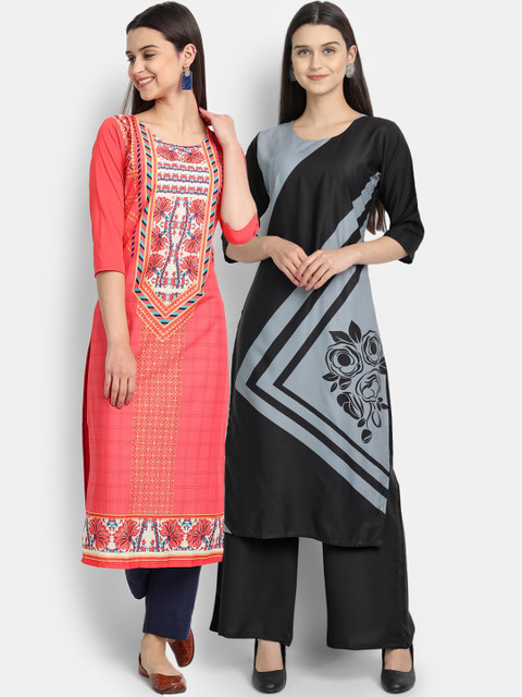 

KALINI Women Red & Black Set of 2 Printed Crepe Kurta