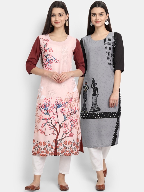 

KALINI Women Pack Of 2 Multicoloured Ethnic Motifs Printed Crepe Kurtas, Multi