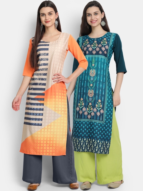 

KALINI Women Multicoloured Ethnic Motifs Embroidered Thread Work Floral Crepe Kurta, Multi