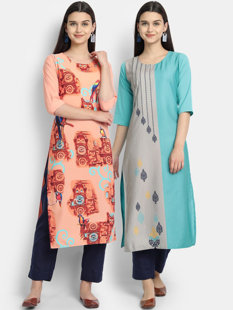

KALINI Women Pack of 2 Multi-Coloured Printed Crepe Kurta