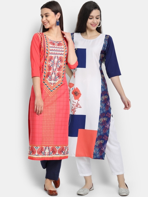 

KALINI Women Pack Of 2 Peach & White Floral Printed Kurta