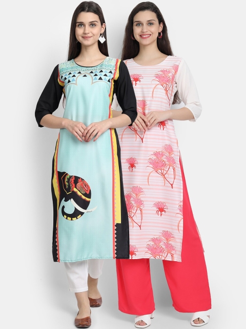 

KALINI Women Pack Of 2 Multicoloured Ethnic Motifs Printed Crepe Kurtas, Multi