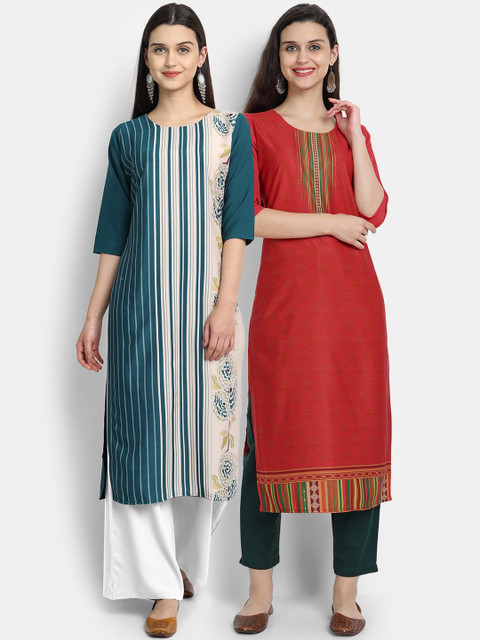 

KALINI Women Multicoloured Thread Work Floral Crepe Kurta, Multi