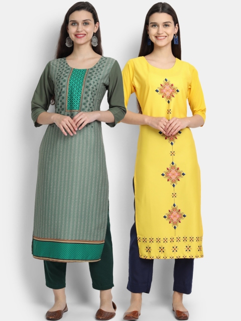 

KALINI Women Green & Yellow Pack Of 2 Digital Print Straight Kurta