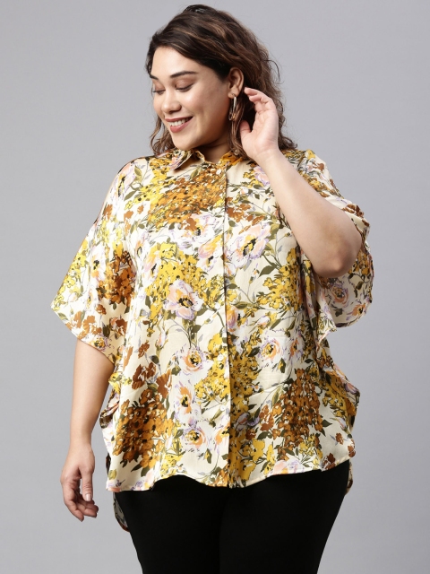 

The Pink Moon Plus Size Yellow Floral Print Satin Dolman Sleeves Top