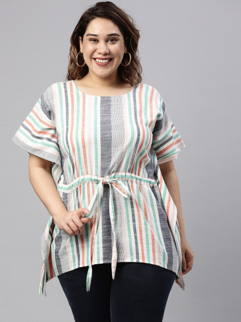 

The Pink Moon Women Plus Size Multicoloured Striped Extended Sleeves Kaftan Top, Multi