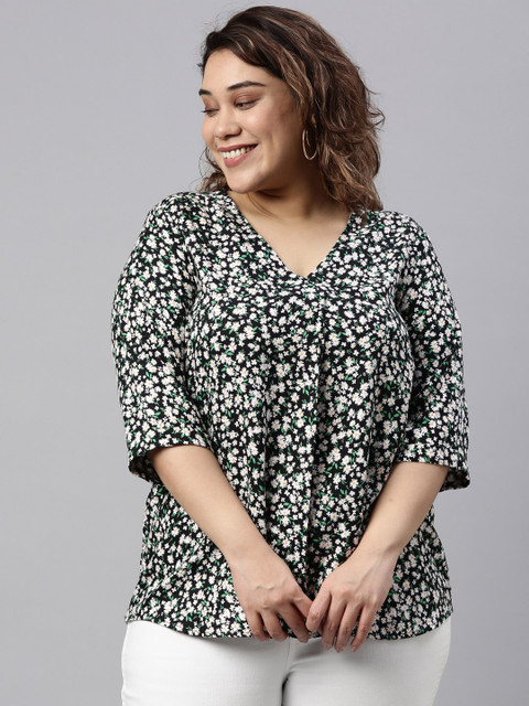 

The Pink Moon Plus Size Women Black Floral Printed Top