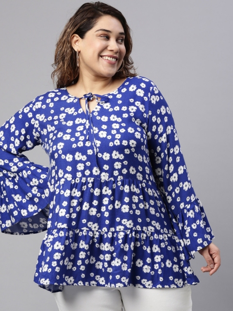 

The Pink Moon Plus Size Blue & White Floral Printed Tie-Up Neck Top