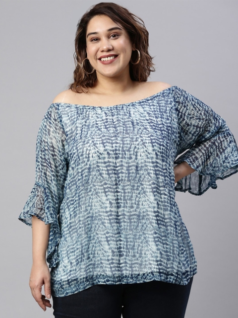 

The Pink Moon Women Blue Print Off-Shoulder Bardot Top