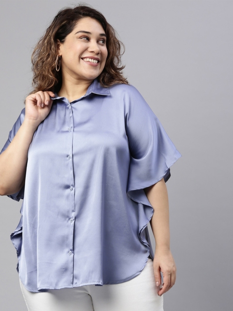 

The Pink Moon Plus Size Blue Sheen Satin Shirt Style Top