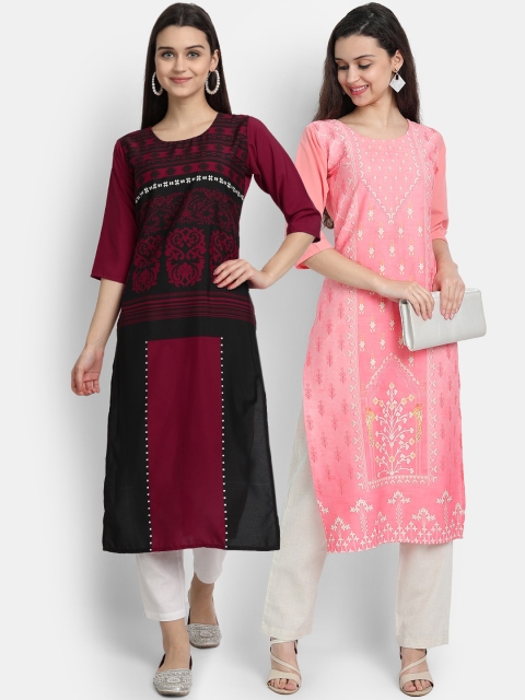 

KALINI Women Pack of 2 Maroon & Pink Ethnic Motifs Printed Crepe Straight Kurta