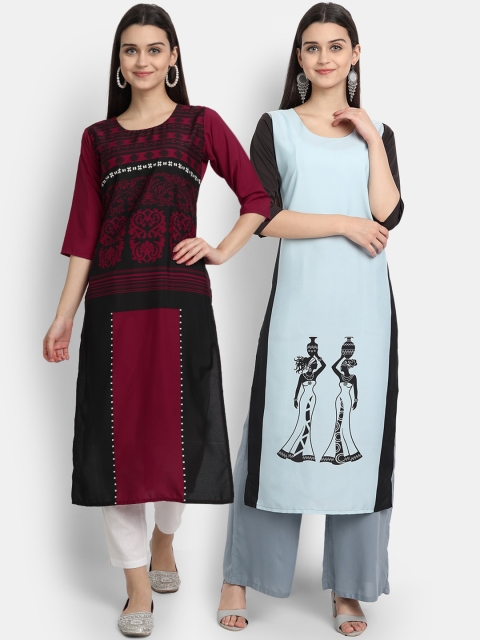 

KALINI Women Pack of 2 Maroon & Black Ethnic Motifs Printed Crepe Straight Kurta