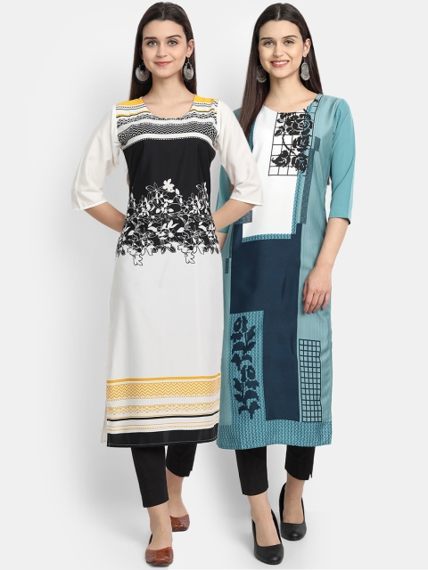 

KALINI Women Pack of 2 White & Teal Blue Digital Printed Crepe Kurta