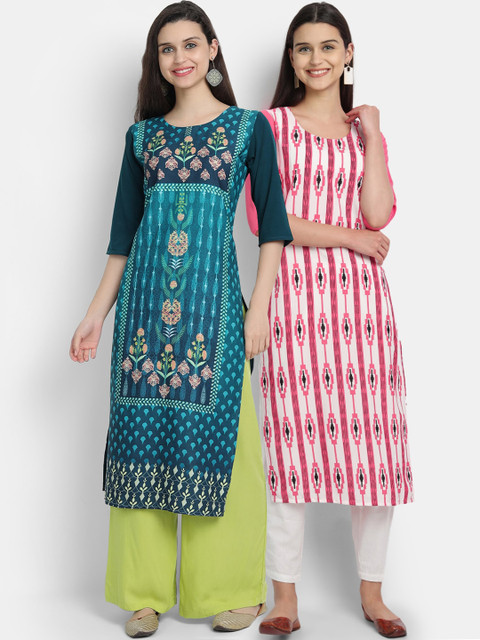 

KALINI Women Pack Of 2 Multicoloured Ethnic Motifs Printed Crepe Kurtas, Multi
