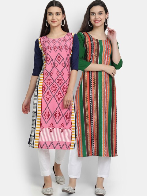 

KALINI Women Pack of 2 Printed Crepe Kurtas, Green