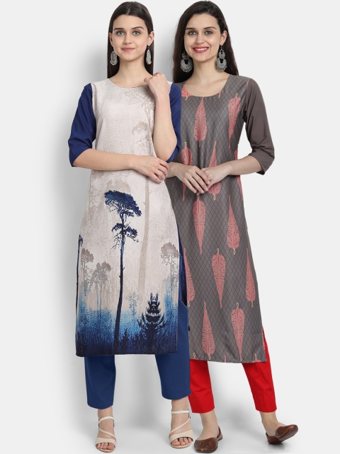 

KALINI Women Pack Of 2 Multicoloured Ethnic Motifs Printed Crepe Kurtas, Multi