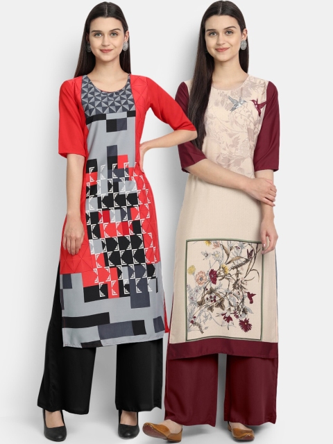 KALINI Women Pack Of 2 Printed Crepe Kurta, Grey