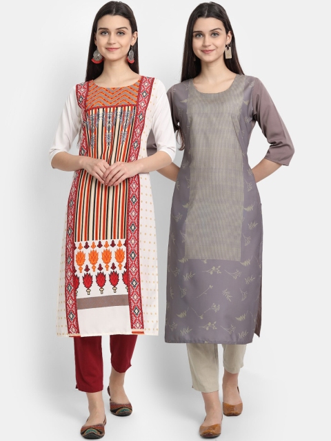 

KALINI Women Pack of 2 White & Grey Ethnic Motifs Printed Crepe Straight Kurta