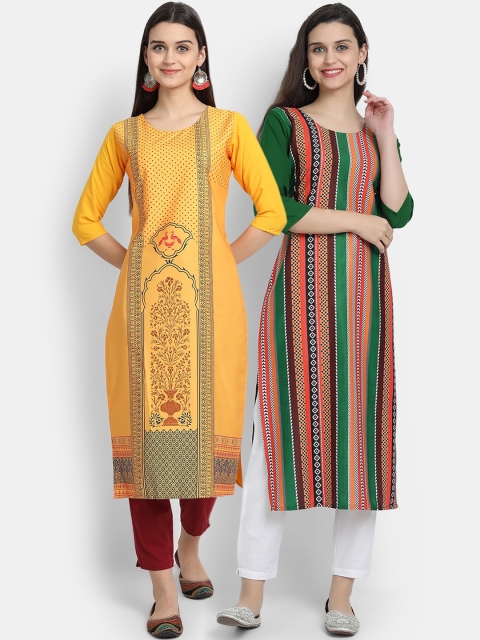 KALINI Women Pack Of 2 Multicoloured Ethnic Motifs Printed Crepe Kurtas, Multi
