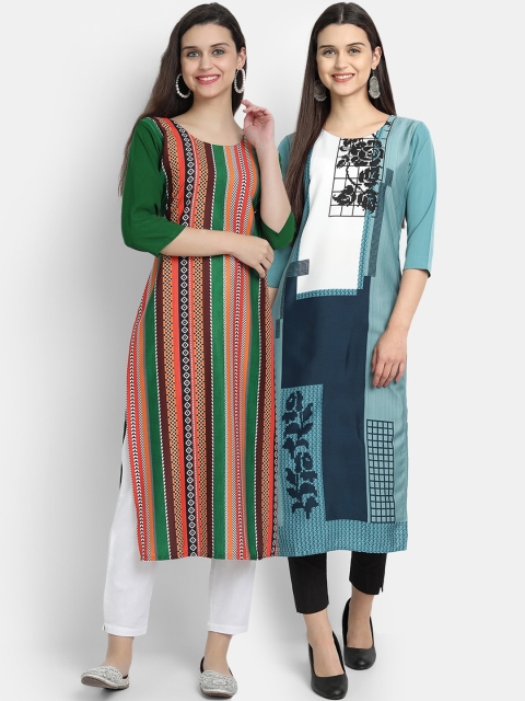 

KALINI Women Pack of 2 Green & Blue Geometric Printed Crepe Straight Kurta