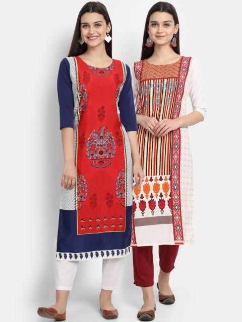 

KALINI Women Multicoloured Geometric Printed Thread Work Floral Crepe Kurta, Multi