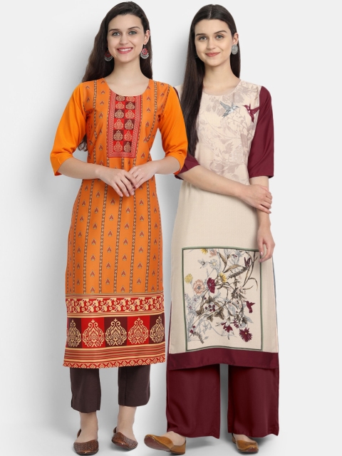 

KALINI Women Pack Of 2 Multicoloured Ethnic Motifs Printed Crepe Kurtas, Multi