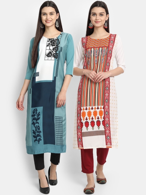 

KALINI Women Pack of 2 White & Red Ethnic Motifs Printed Crepe Straight Kurta