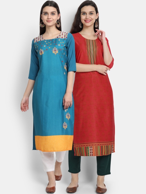 

KALINI Women Red & Blue Set of 2 Yoke Design Crepe Kurta